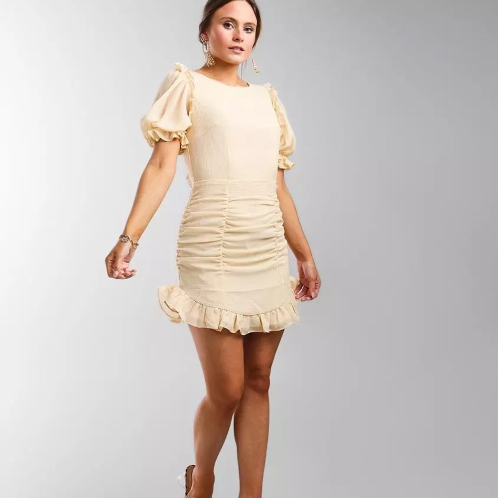HYFVE Smocked Puff Sleeve Mini Dress in Cream